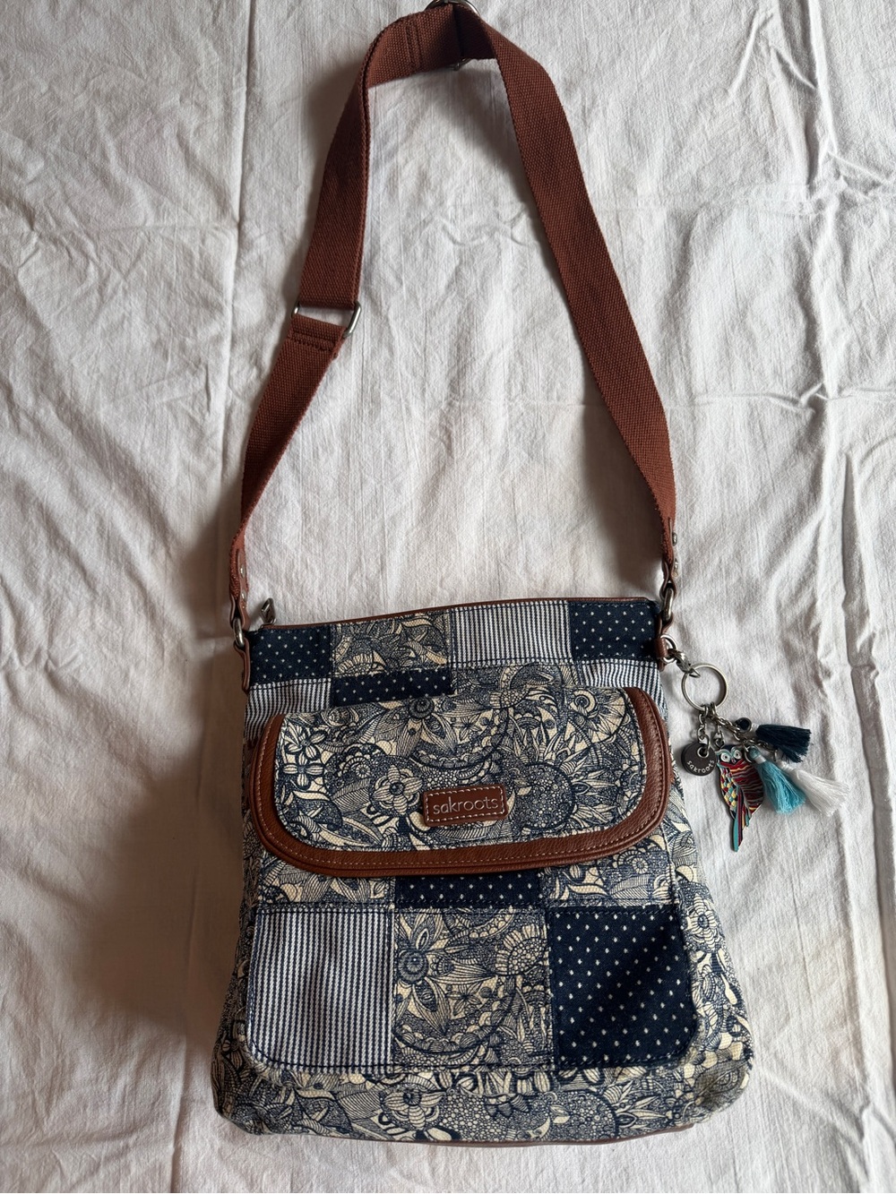 Sakroots Navy and Brown Floral Patchwork Crossbody
